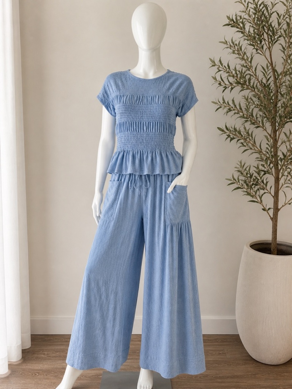 Boho Chambray Smocked Peplum Top & Wide Leg Pants Set | Flowy Lounge Set - Picture 3 of 3